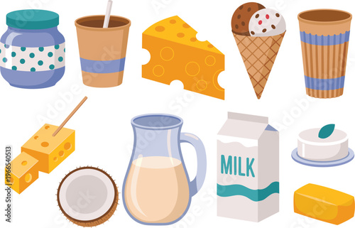 Dairy food flat cartoon vector set with milk cheese dessert elements for web print
