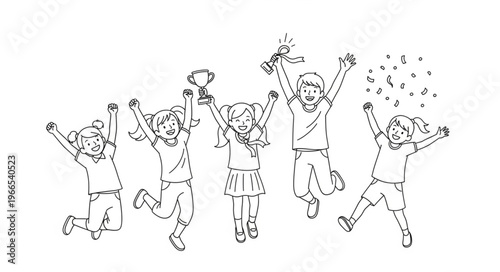Children celebrating victory with trophies and joyfully jumping in the air.