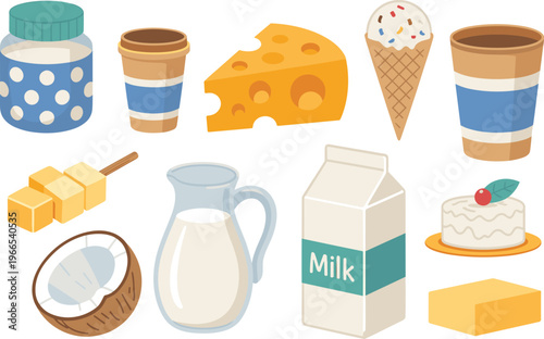 Dairy products flat cartoon vector icon set with milk cheese desserts for web print