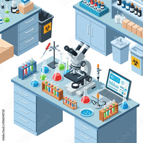 Laboratory Equipment and Microscope on Workbench.