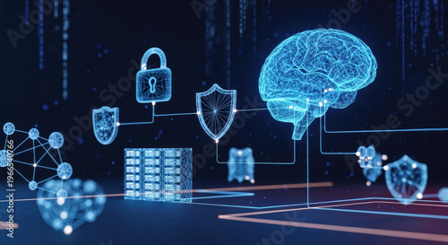 A digital illustration showcases a futuristic concept of data security and artificial intelligence.