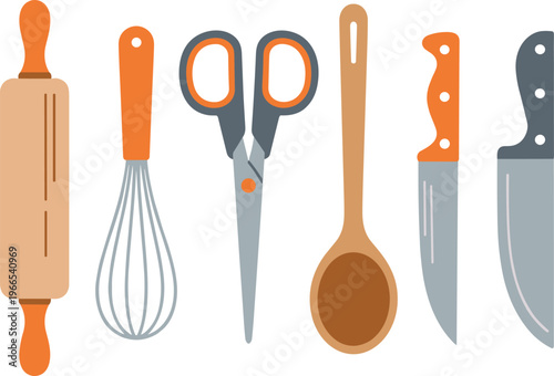 Kitchen utensils flat minimalist vector set with cooking tools for web print design