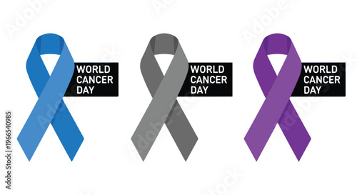 World Cancer Day awareness ribbons in blue, gray, and purple for support and research