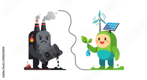 Illustration depicting the contrast between pollution from fossil fuels and clean energy from renewable sources and nature