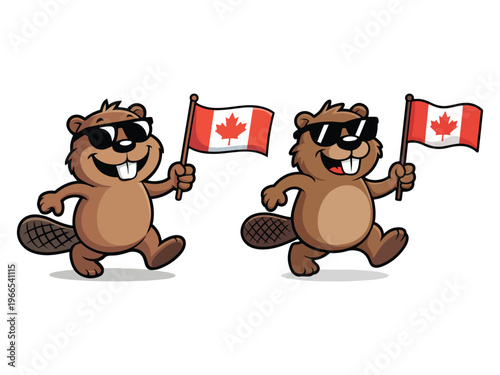 Two cartoon beavers wearing sunglasses holding canadian flags canada maple leaf