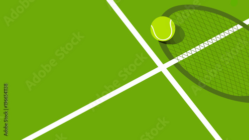 Tennis racket and ball on green tennis court with white lines