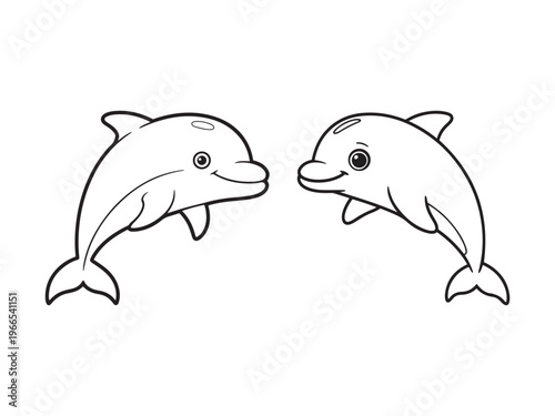 Two smiling cartoon dolphins facing each other black and white outline animal marine mammal