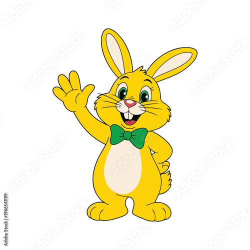 Yellow cartoon rabbit character waving with green bow tie bunny