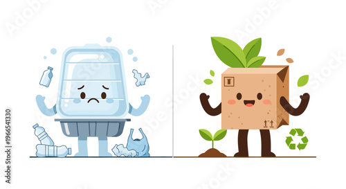 Recycling Concept Sad Plastic Waste versus Happy Biodegradable Box with Growing Plant
