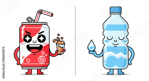 Cartoon illustration of a fizzy soda drink can and a refreshing bottle of water with happy faces