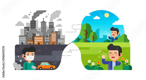 Urban pollution versus clean nature A vibrant contrast illustrating the choice between smoggy city air and fresh green environments for better health