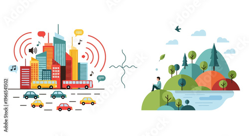 Comparing the sonic pollution of urban environments with the tranquil sounds of nature