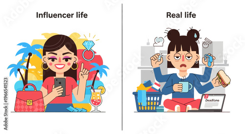 Influencer life vs Real life comparison illustration