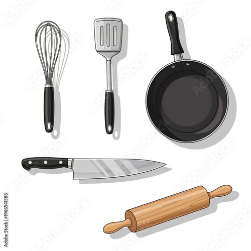 Kitchen Utensils Whisk Spatula Pan Knife.