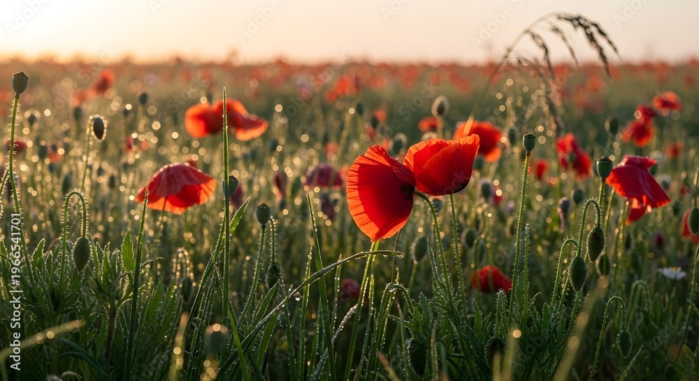 Obraz premium Red Poppy Flowers in a Meadow with Morning Dew at Sunrise