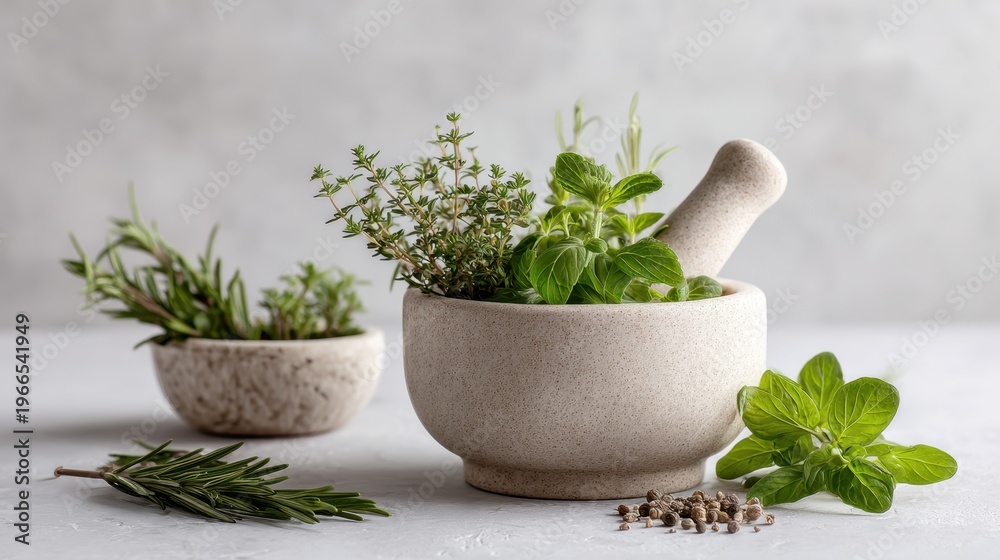 Fototapeta premium Herbs in mortar and pestle with thyme, rosemary, oregano, and mint on white background