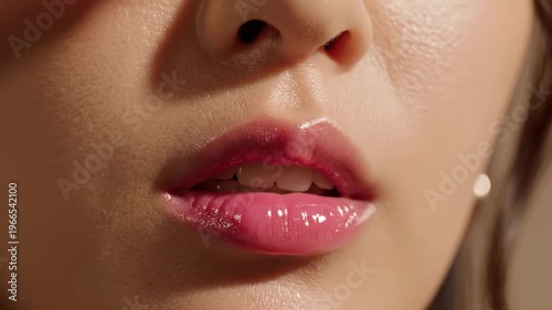 Close-up extreme detail of a person's glossy pink lips with a hint of teeth visible, showcasing a natural, healthy appearance and smooth texture