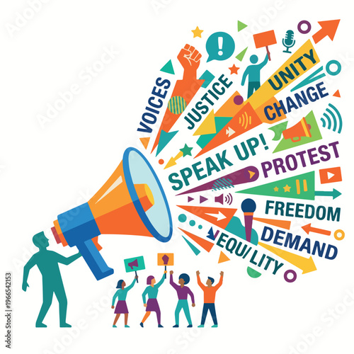 People protesting with a megaphone for social justice and equality.