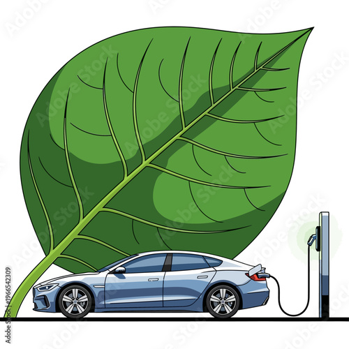Electric Car Charging with Green Leaf.
