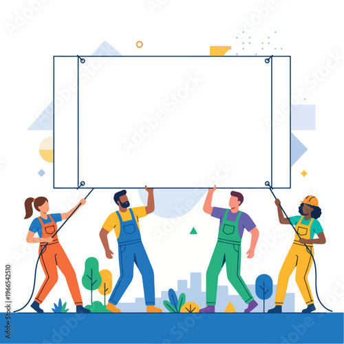 Diverse team of people working together to hold up a large blank banner.