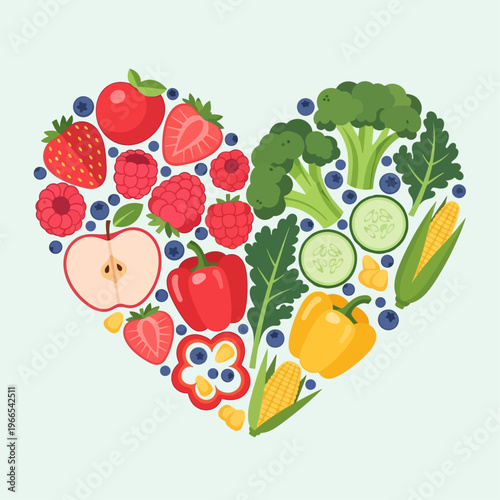 Heart Shape Formed by Fresh Fruits Vegetables.