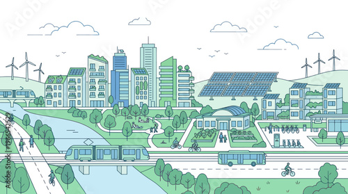 Sustainable city with green infrastructure and renewable energy sources.