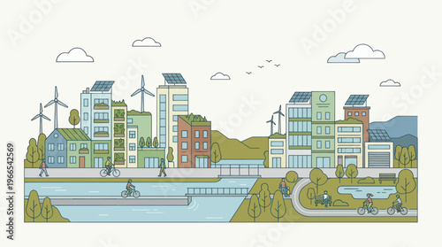 Sustainable Cityscape with Green Buildings and Renewable Energy Sources.