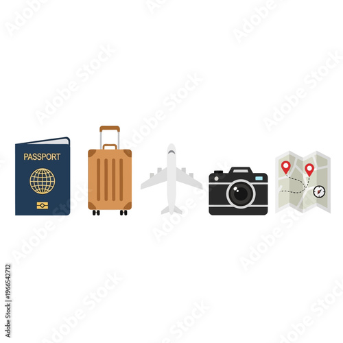 Travel Accessories and Camera on White Background.