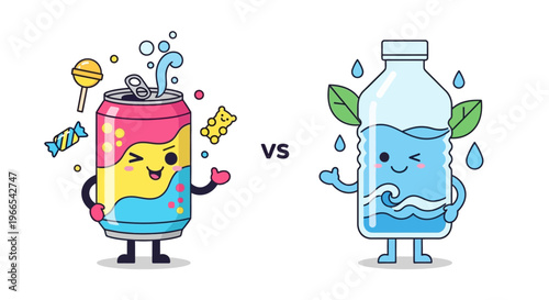 Cute cartoon illustration comparing a sugary soda can with a healthy water bottle, symbolizing healthy choices
