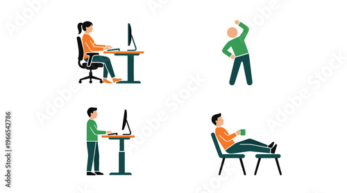 Active employees at standing desk, taking breaks