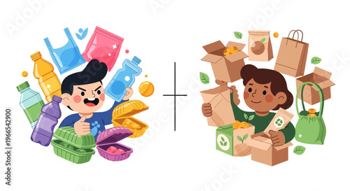 The contrast between plastic pollution and sustainable eco-friendly packaging solutions