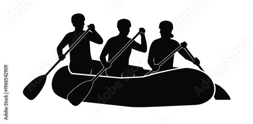 Black silhouette illustration of three people in a raft, paddling during a river rafting adventure, vector design for outdoor sports, extreme activities, travel, and adventure themed projects.