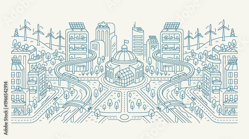 Sustainable Urban Cityscape with Green Energy and Modern Infrastructure.