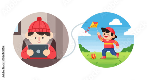 Boy playing with tablet indoors contrasts with a boy playing outside with a kite and ball