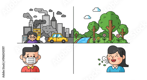Polluted City vs. Clean Nature Illustrating environmental health impacts and the benefits of fresh air for human well-being
