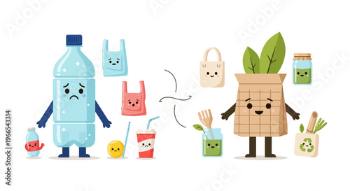 Embrace Eco-Conscious Living Visualizing the Positive Transformation from Harmful Plastic Waste to Happy Sustainable Alternatives