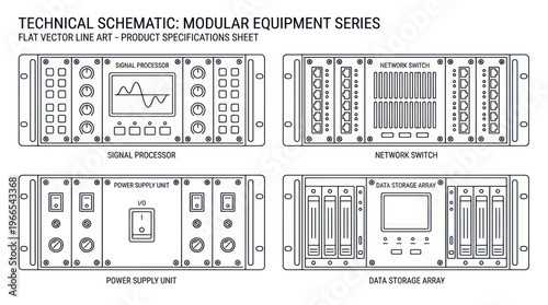 Technical Schematic Modular Equipment Series Flat Vector Line Art Product Specification Sheet.