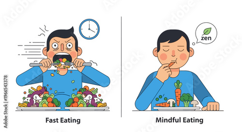 Contrasting rushed, unhealthy eating habits with a serene, mindful approach to food, promoting wellness and better digestion