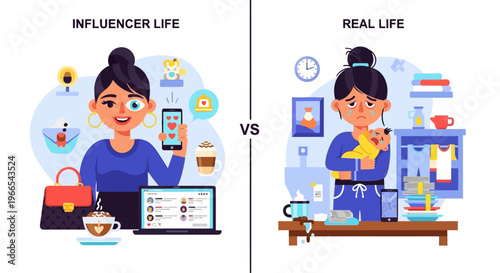 Unveiling the dichotomy A social media influencer's polished online persona contrasted with the authentic, often challenging, demands of real life