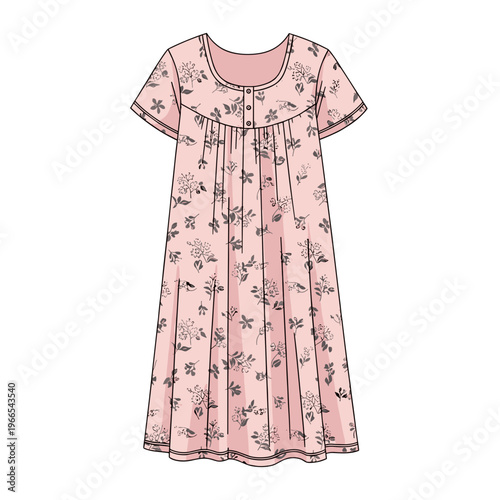 Illustration of a floral pink cotton nightgown with short sleeves, isolated on a white background, showcasing delicate patterns and soft fabric folds