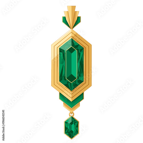 Elegant gemstone drop pendant with green emerald design, isolated on white background, showcasing intricate gold detailing and geometric shapes
