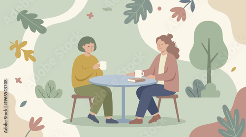 Two women enjoying coffee at an outdoor cafe table.