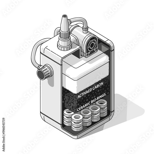 Aquarium filter with detailed internal components, including activated carbon and ceramic bio-rings, isolated against a white background