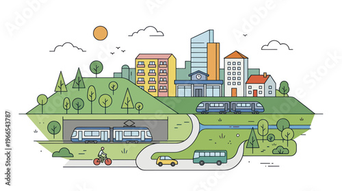 Urban Cityscape with Modern Transport Infrastructure and Green Spaces.