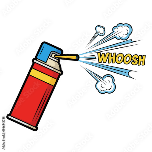 Illustration of a keyboard cleaner spray can with comic-style whoosh effect isolated on white background