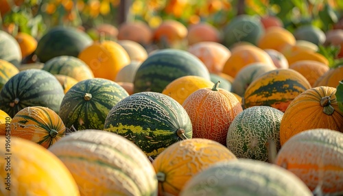 A vibrant display of various melons and pumpkins