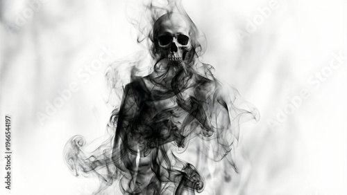 A haunting black and white image features a detailed human skull emerging from a swirling ethereal body of dark, wispy smoke, creating an unsettling and mysterious phantom-like figure, evoking themes