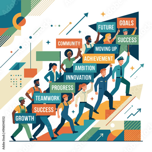 Diverse group of people climbing stairs holding signs with motivational words like Growth Success Teamwork Progress Ambition Innovation Achievement Moving Up Community Fu.