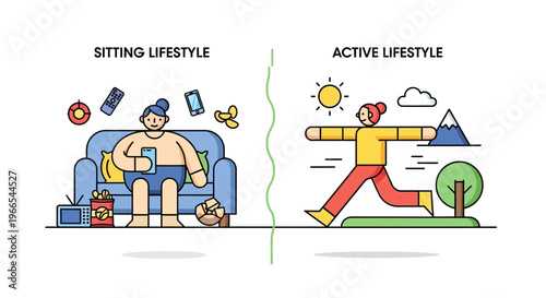 Comparing lifestyle choices a visual illustration of the impacts of a sedentary daily routine versus an active healthy existence