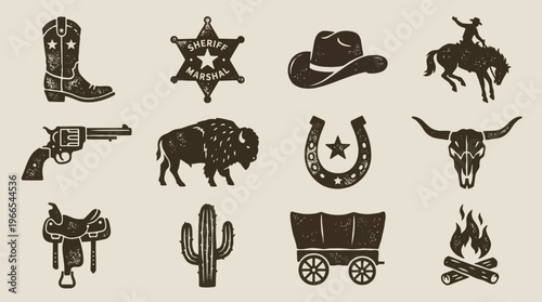 Wild West and Cowboy Culture Icons Set.